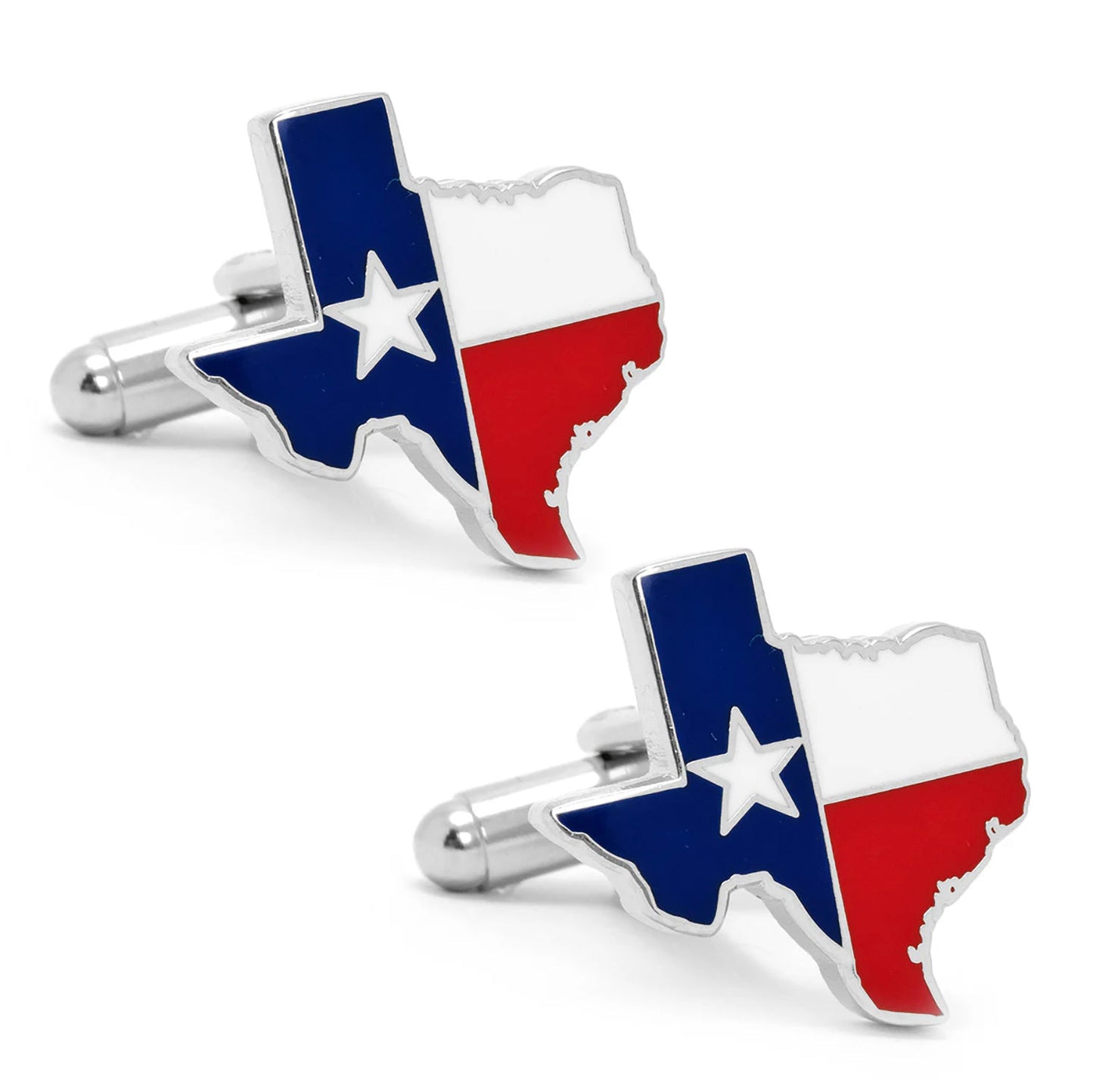 Cufflinks shaped like the state of Texas with red, white, and blue colors on a white background.