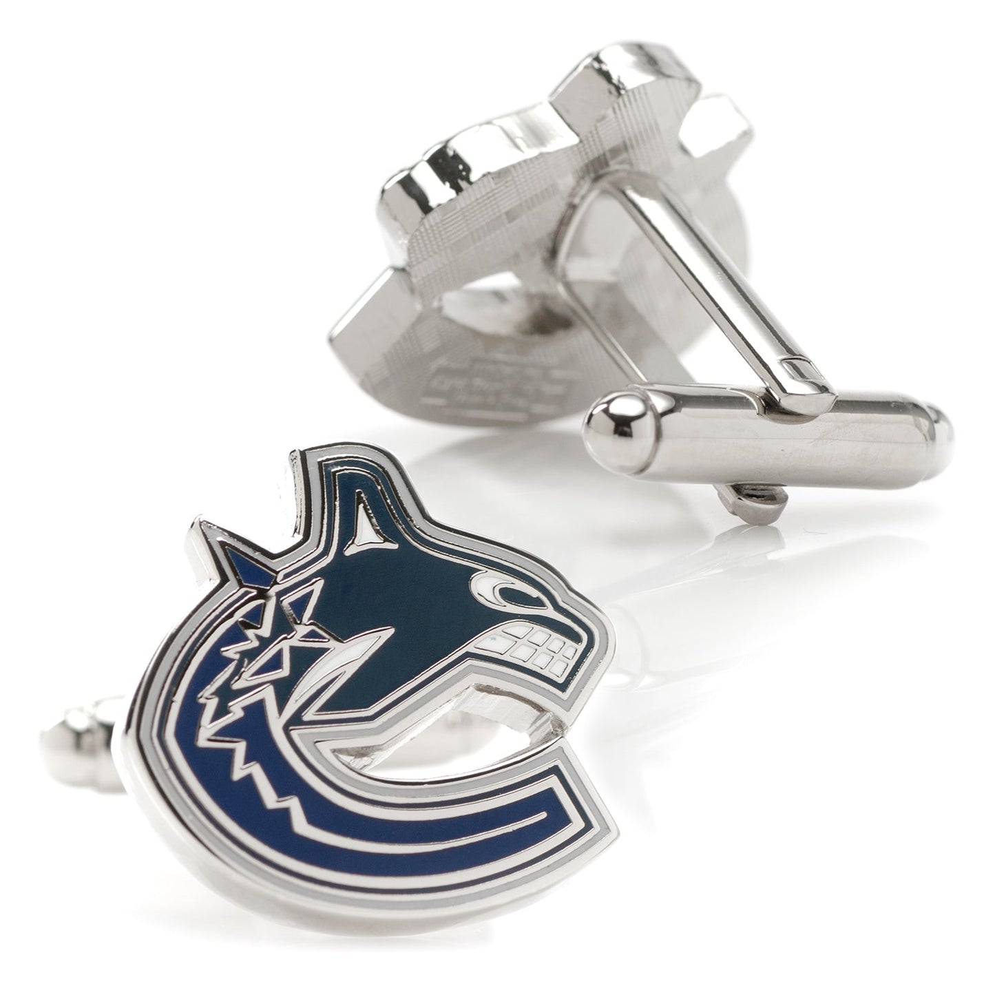 Cufflinks with a blue and silver logo on a white background