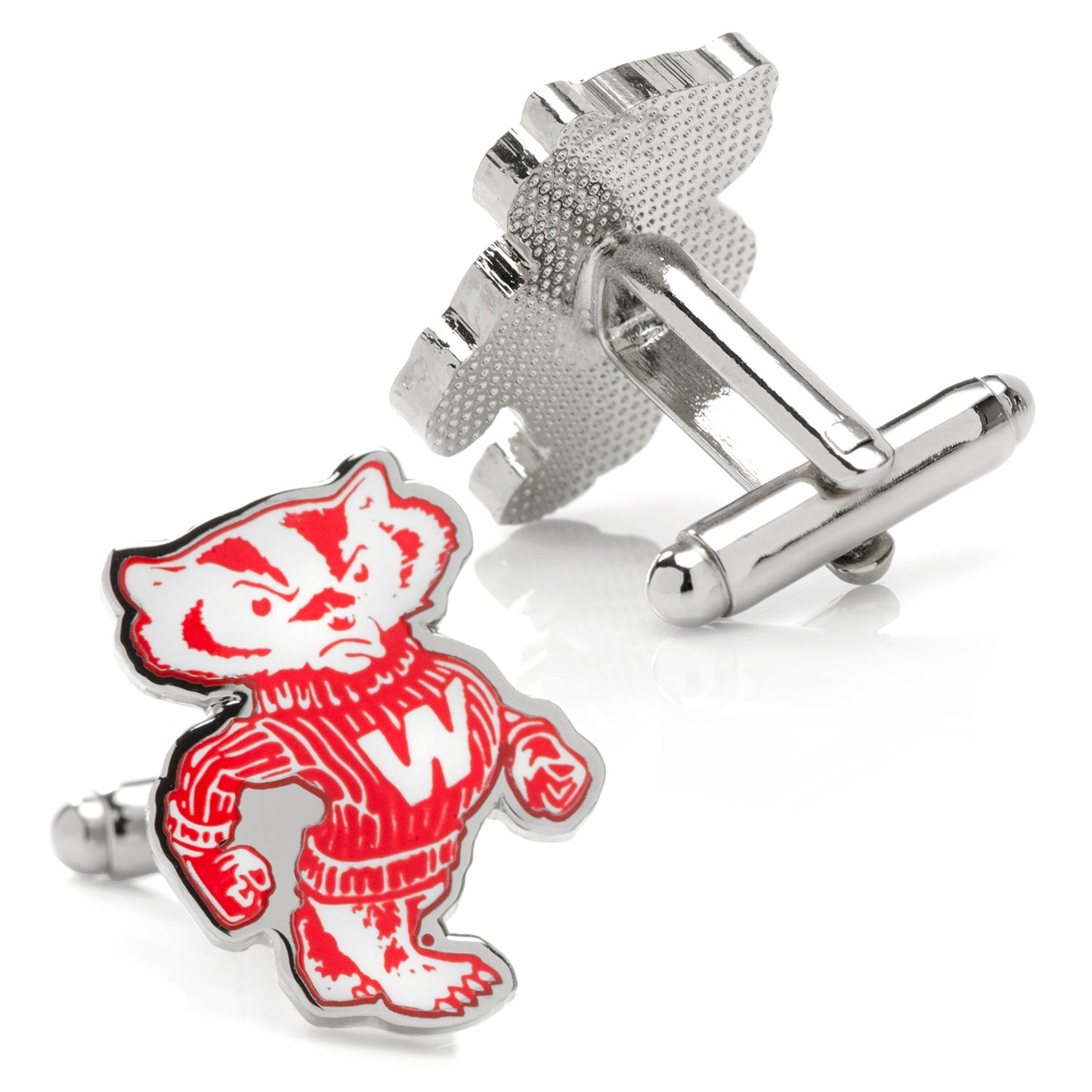 Cufflinks with a red and white emblem on a white background Wisconsin Badgers