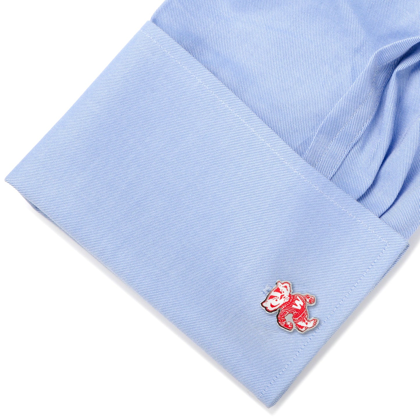 Light blue pocket square with a red bear-shaped cufflink on a white background Wisconsin Badgers