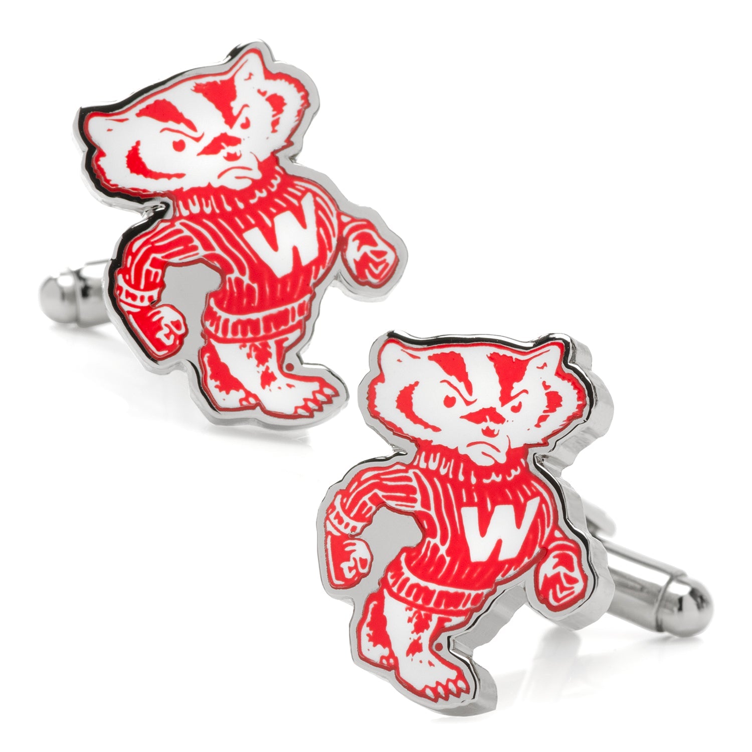 Red and silver bear mascot cufflinks on a white background Wisconsin Badgers