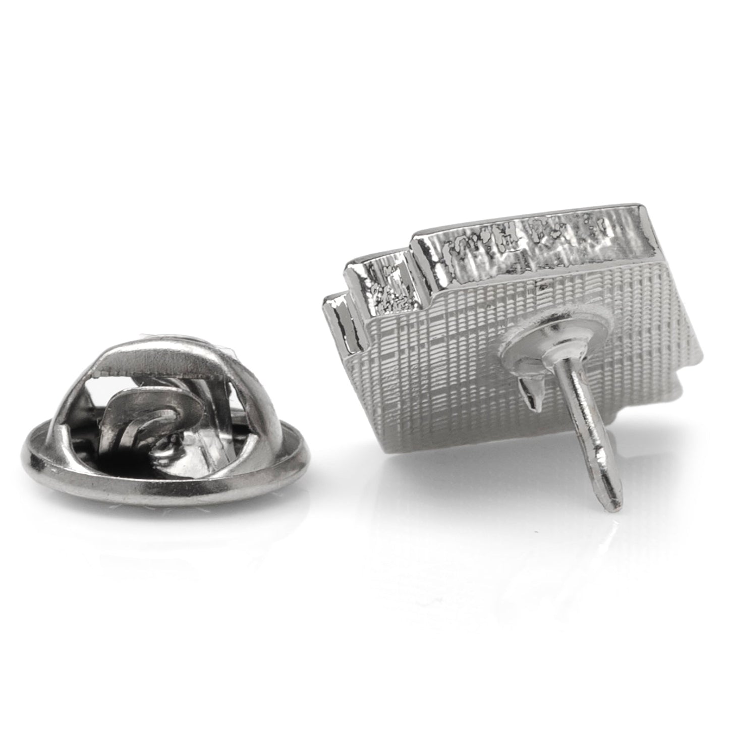 Silver square earring with clear gemstones on a white background