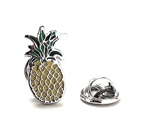 Silver and gold pineapple lapel pin with green enamel leaves and butterfly clutch backing – tropical-themed fashion accessory from JayPins