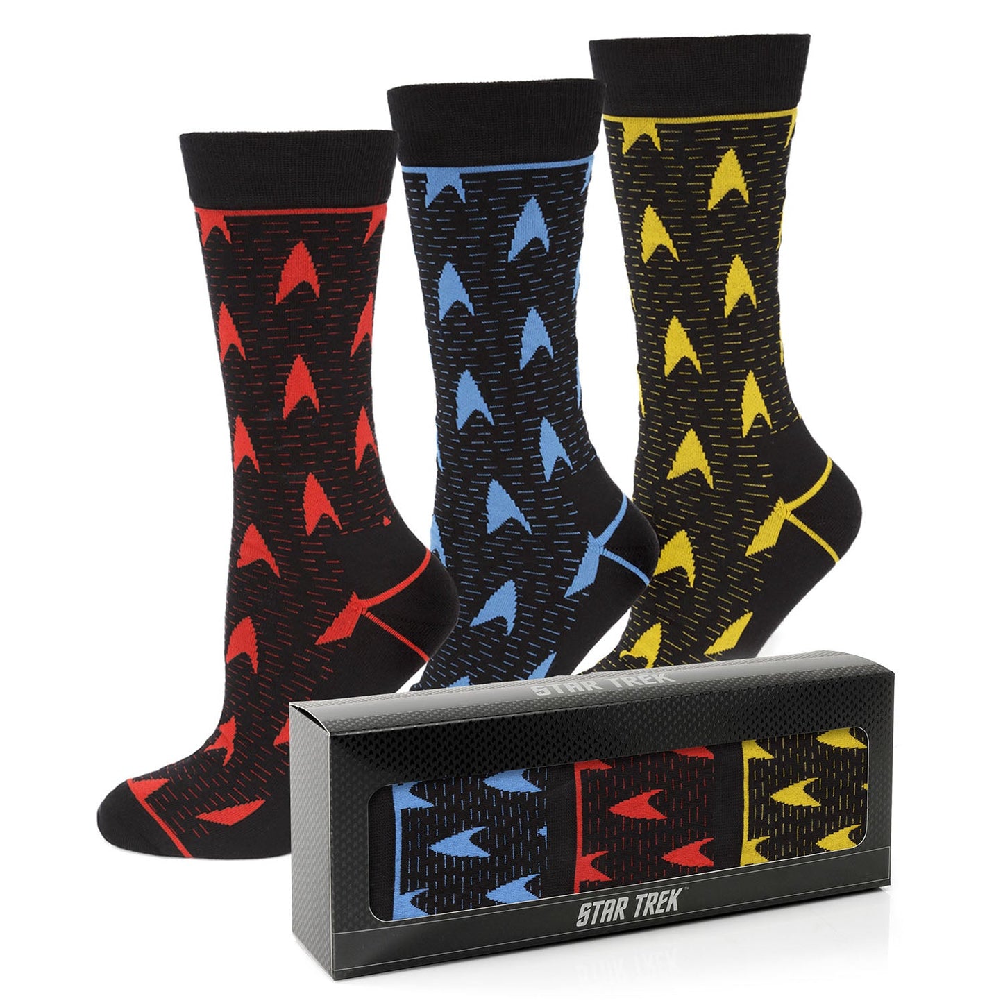 Three pairs of socks with 'Star Trek' designs and a matching box on a white background.