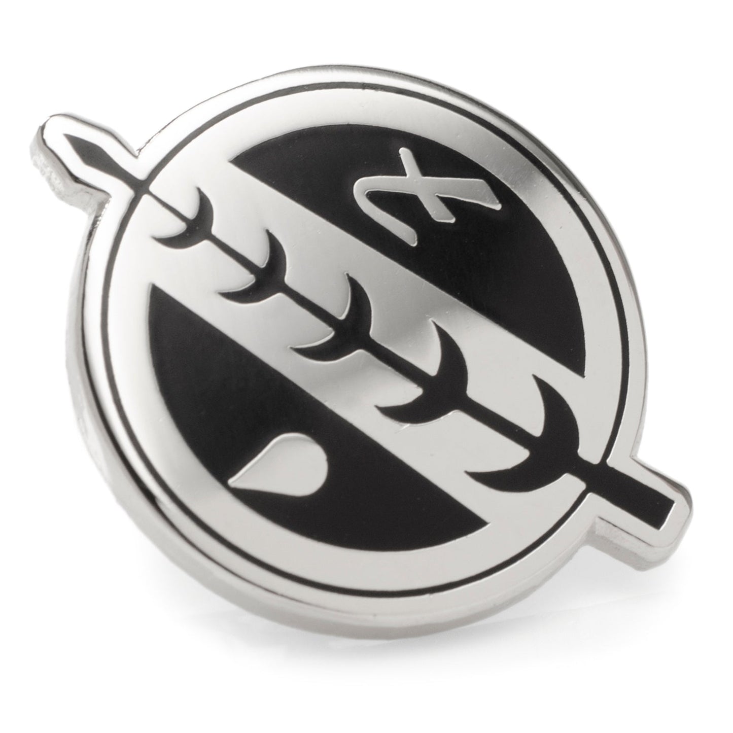 Metallic emblem with black and white design on a white background