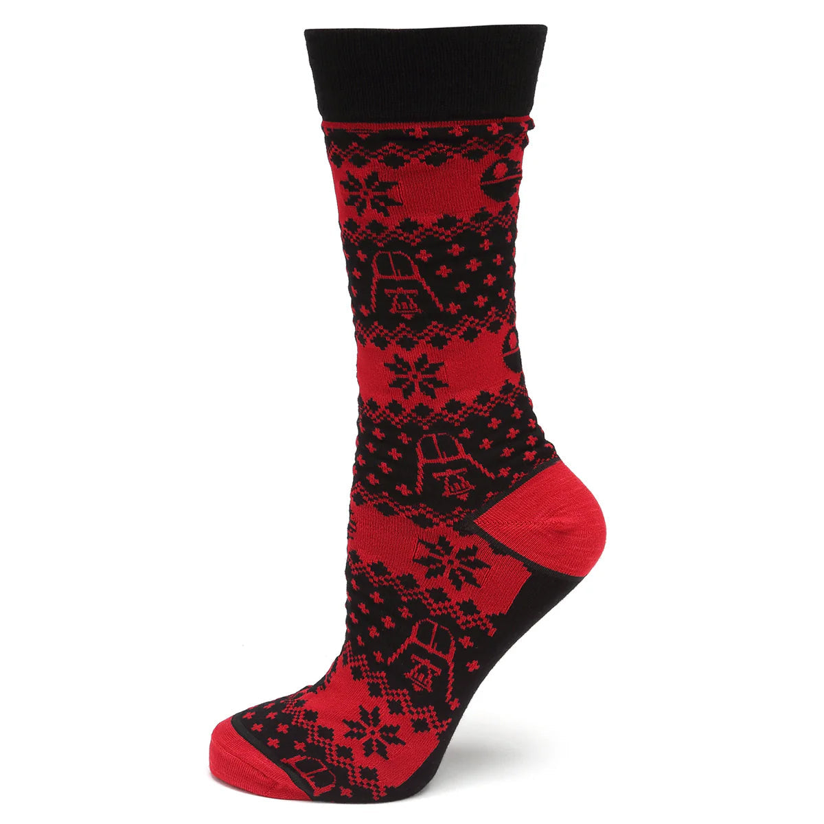 Red and black patterned sock on a white background