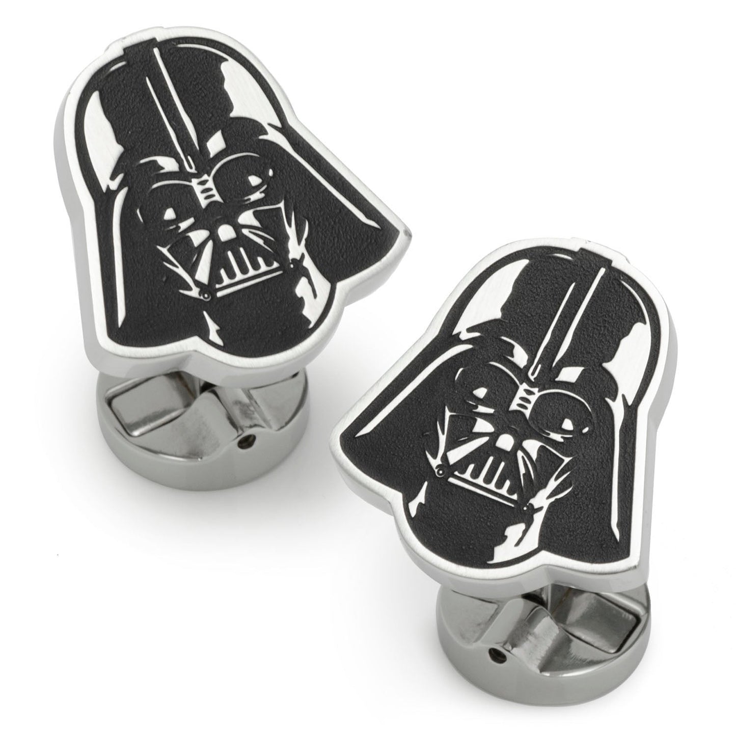 Matte black Darth Vader helmet cufflinks close-up