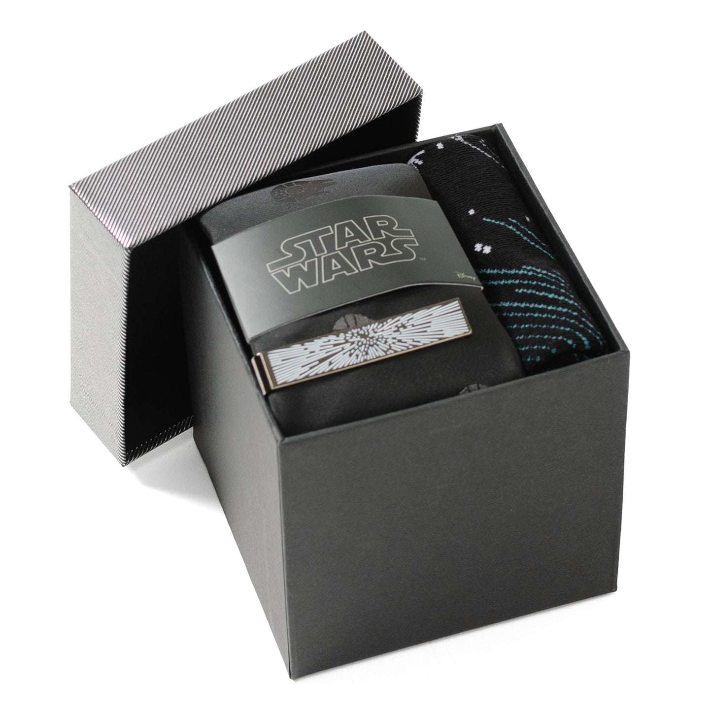 Star Wars-themed tie and pocket square set in a black box on a white background