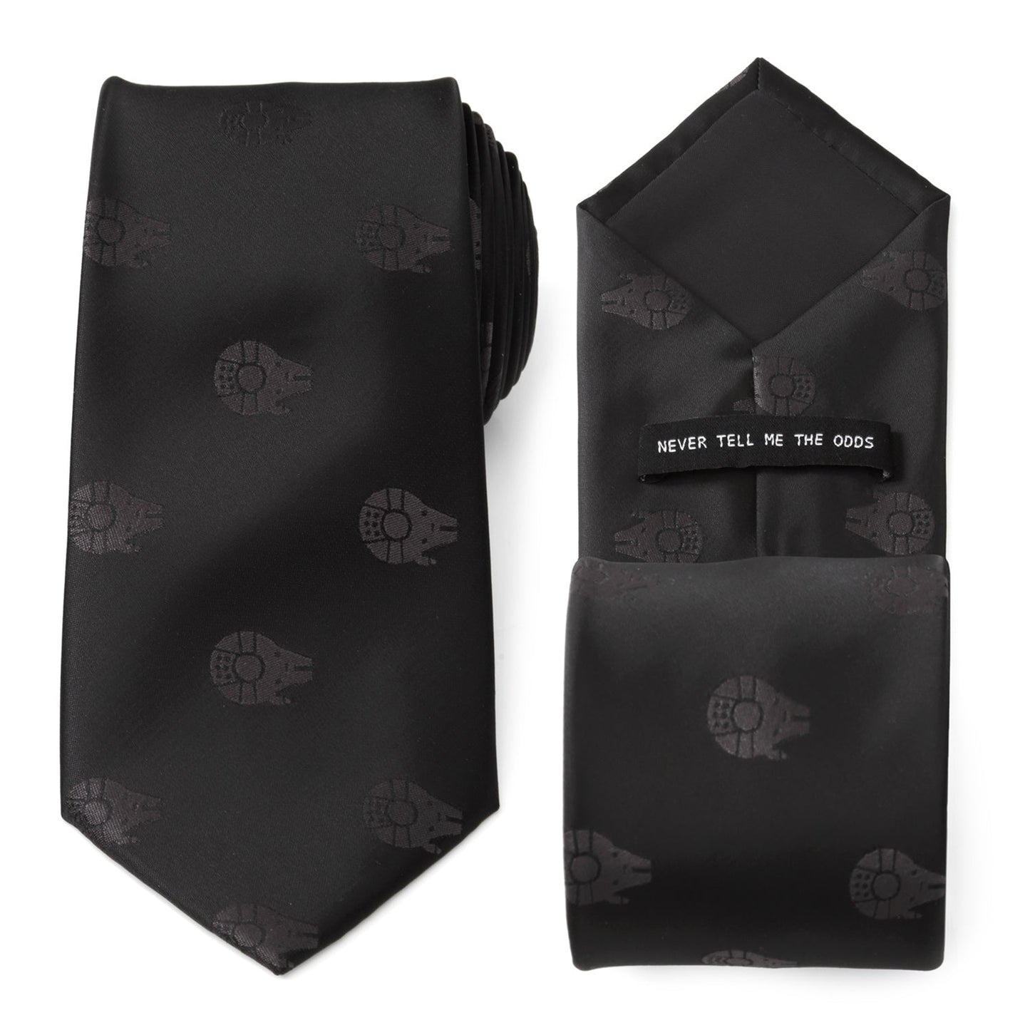 Black tie and pocket square set with Millennium Falcon pattern on a white background