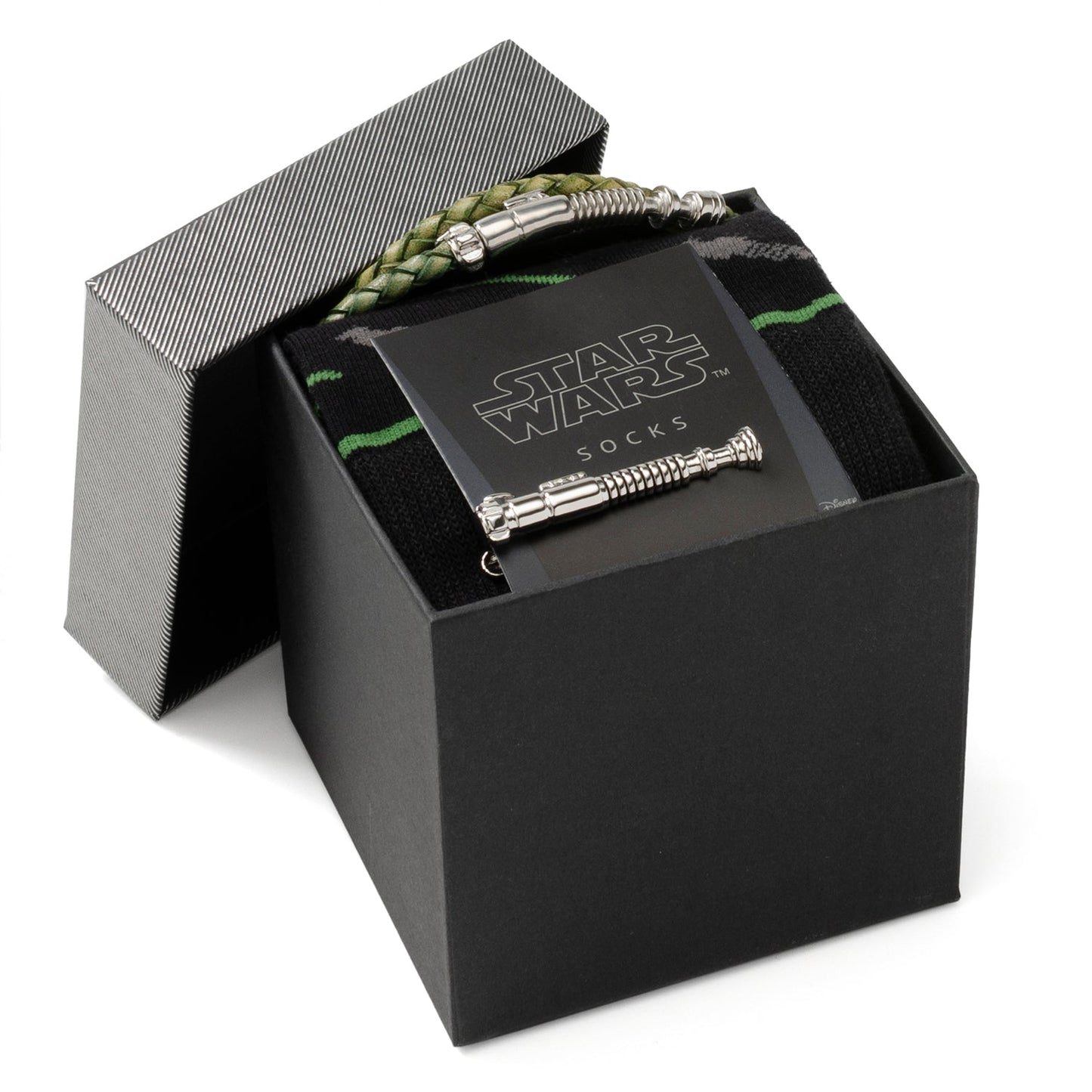 Star Wars socks with a bracelet in a black box packaging on a white background