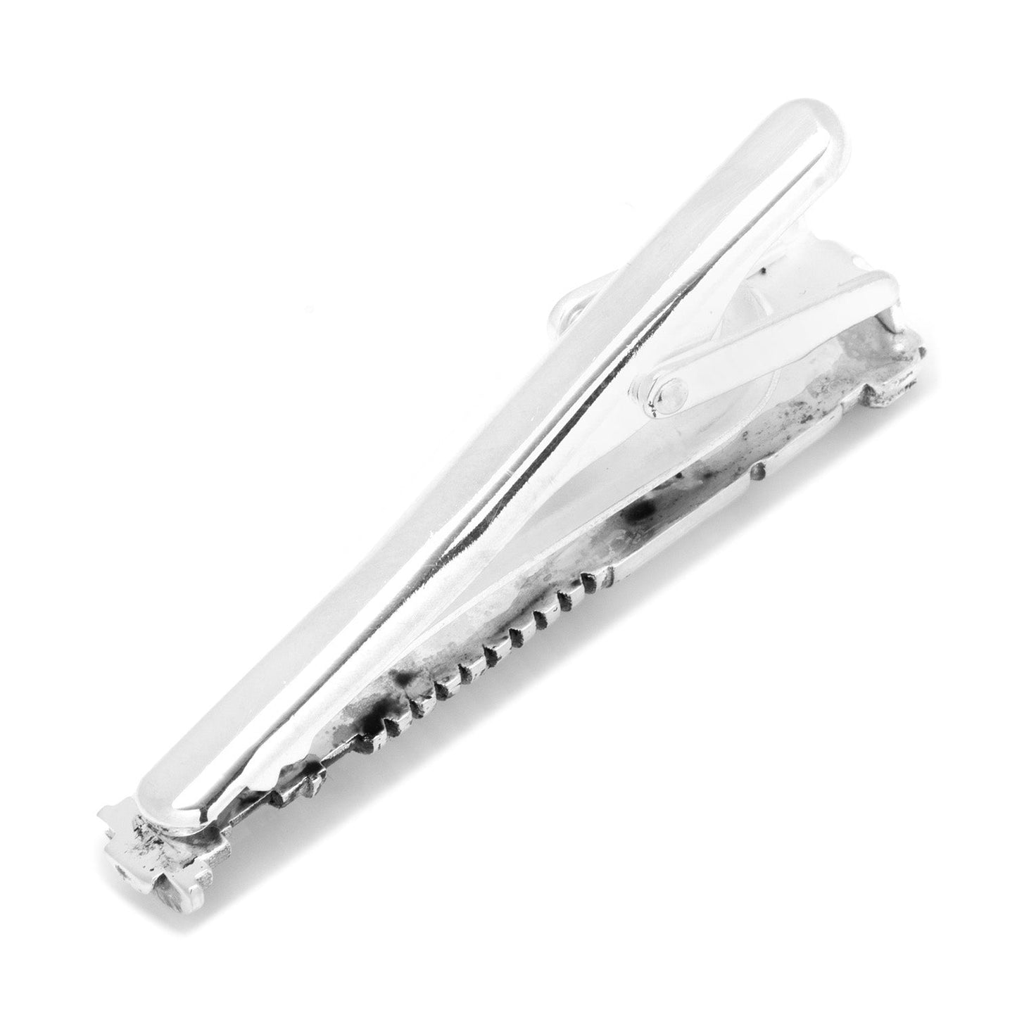 Silver tie clip on a white background