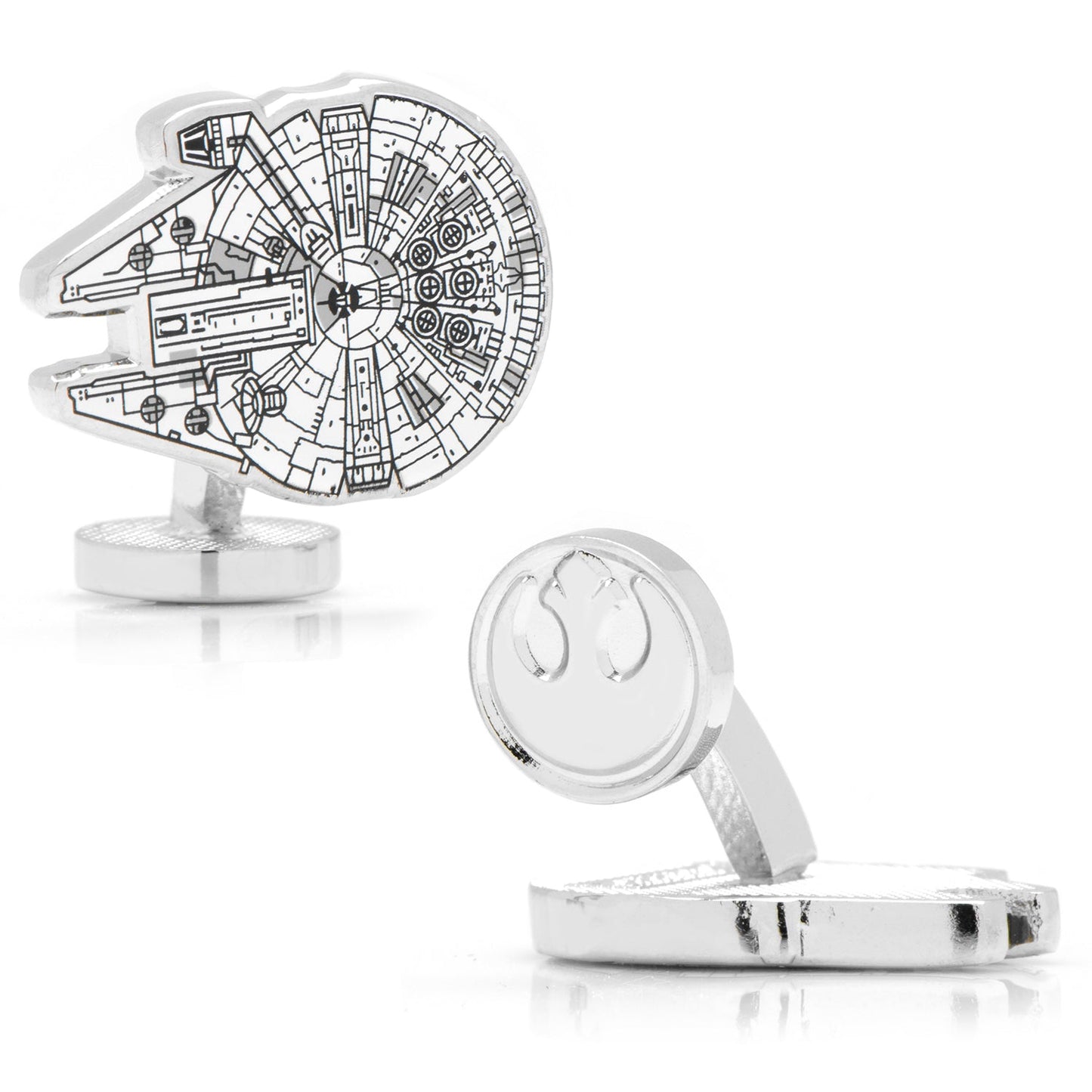 Cufflinks with Millennium Falcon design on a white background