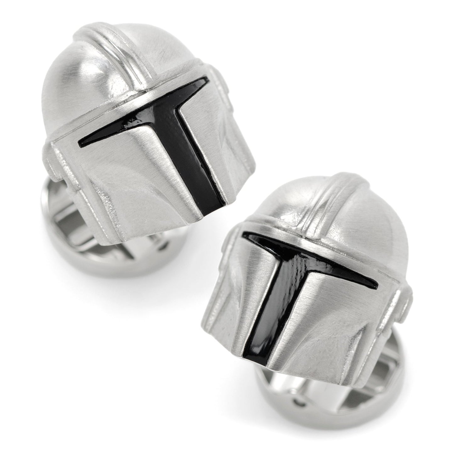 Two silver helmet-shaped cufflinks on a white background Star Wars Mandalorian 3D Cufflinks