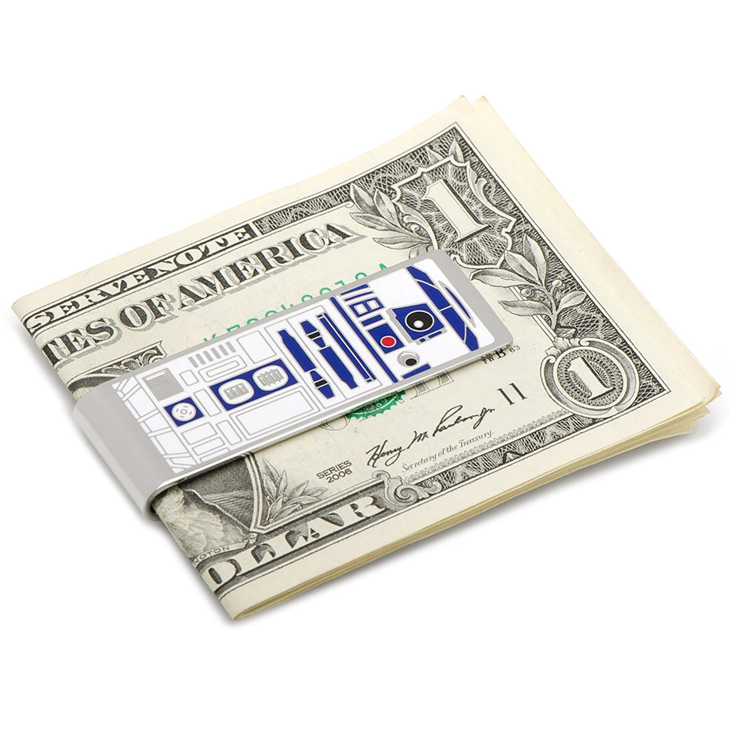 Money clip shaped like R2-D2 from Star Wars on a dollar bill