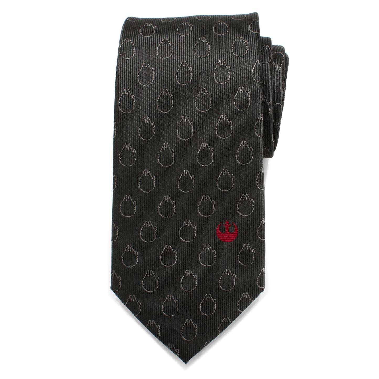 Star Wars gray silk tie featuring subtle Millennium Falcon pattern and red Rebel Alliance crest. Officially licensed by Disney.