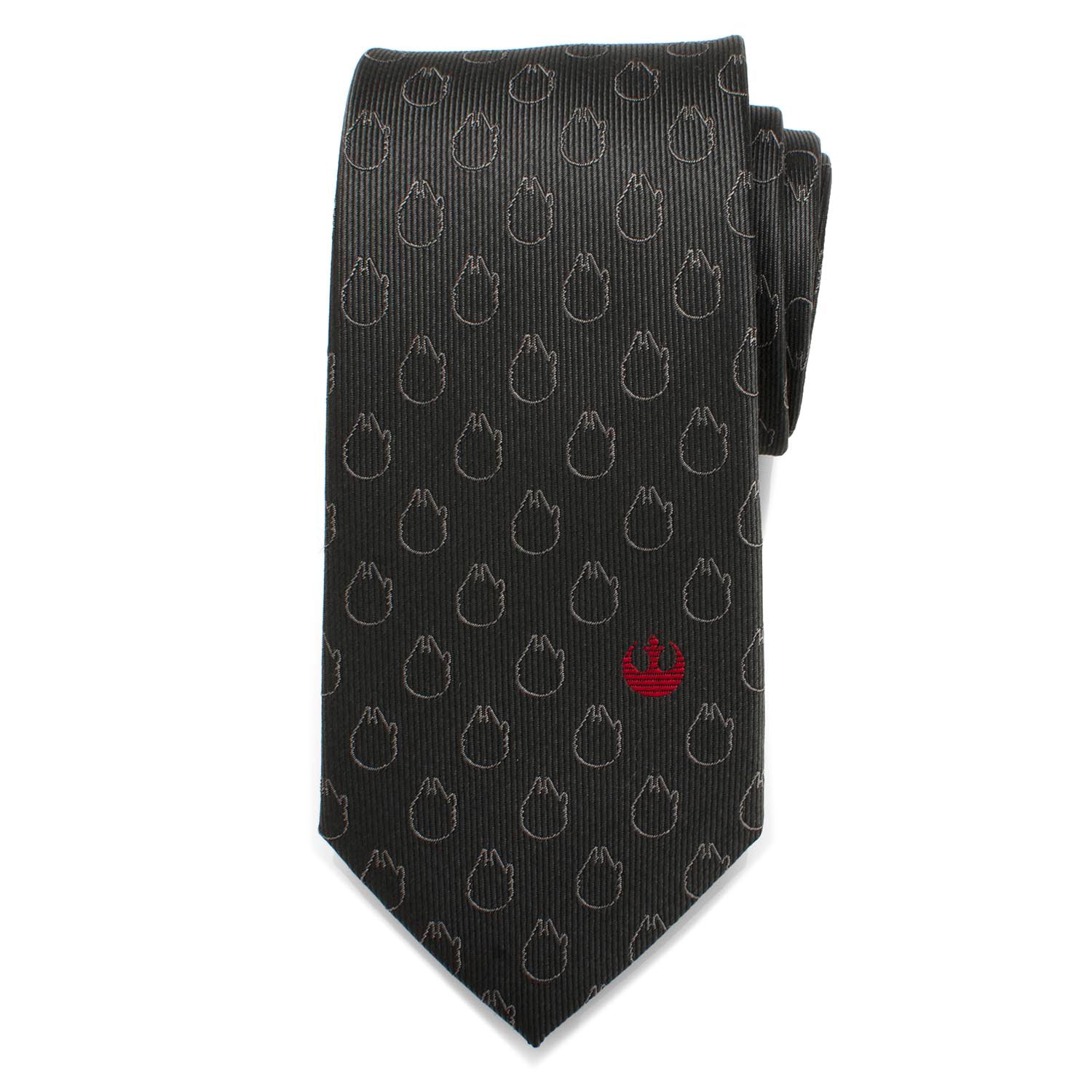 Star Wars gray silk tie featuring subtle Millennium Falcon pattern and red Rebel Alliance crest. Officially licensed by Disney.
