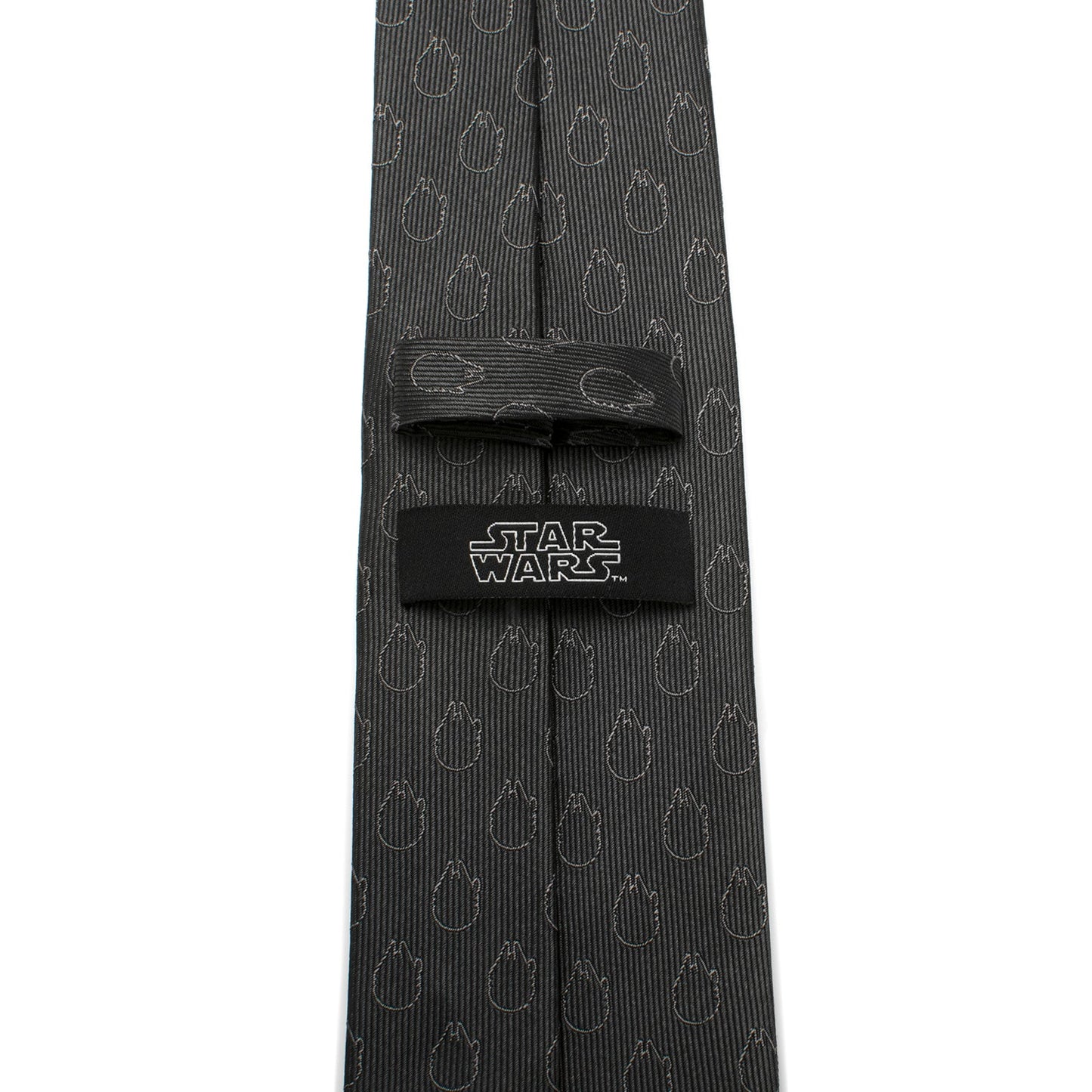 Star Wars gray silk tie featuring subtle Millennium Falcon pattern and red Rebel Alliance crest. Officially licensed by Disney.