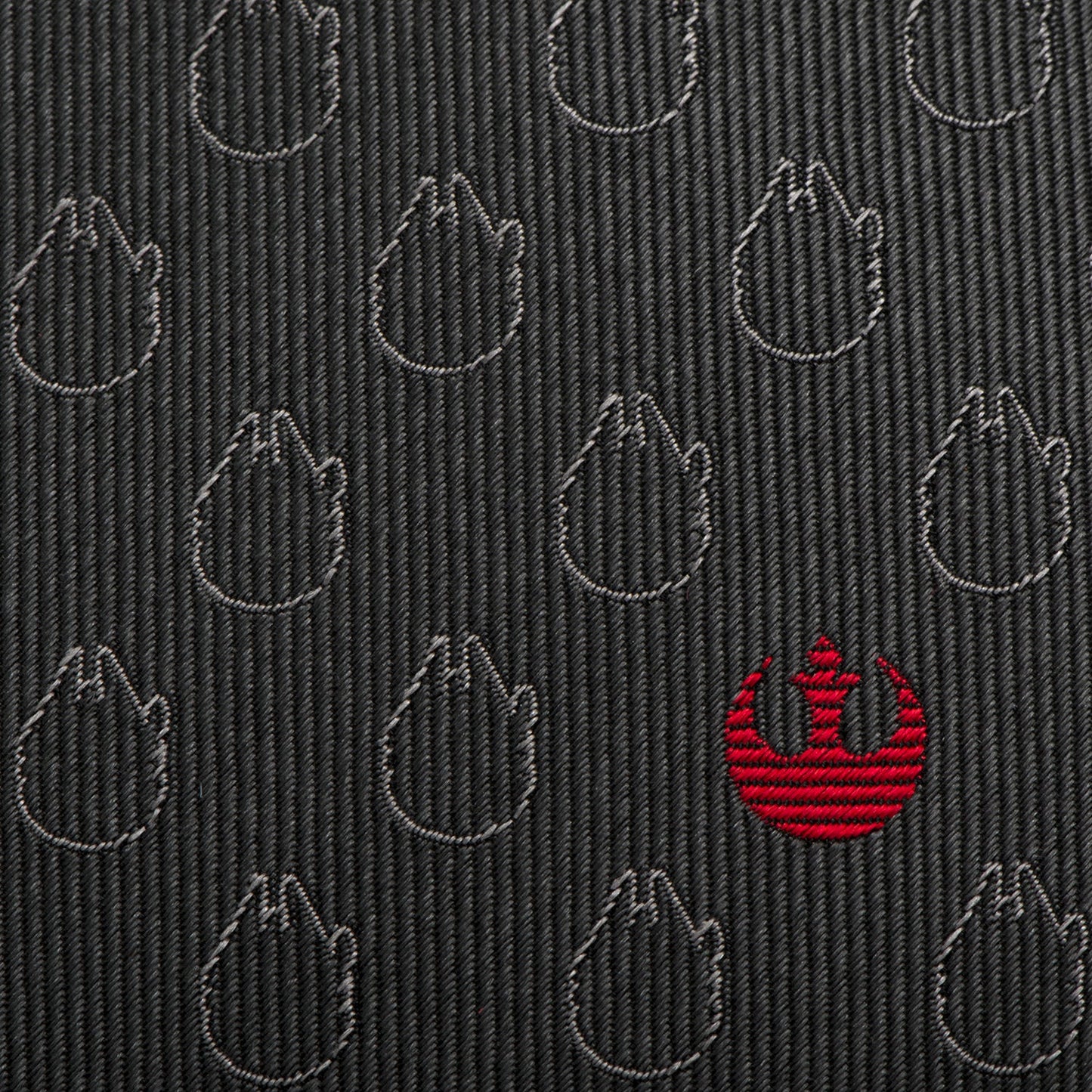 Star Wars gray silk tie featuring subtle Millennium Falcon pattern and red Rebel Alliance crest. Officially licensed by Disney.