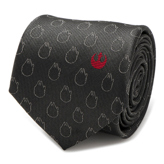 Star Wars gray silk tie featuring subtle Millennium Falcon pattern and red Rebel Alliance crest. Officially licensed by Disney.