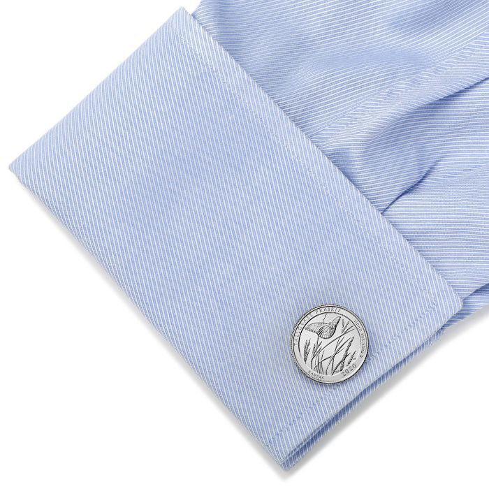 light blue shirt showing one Tallgrass Prairie National Preserve Coin Cufflinks