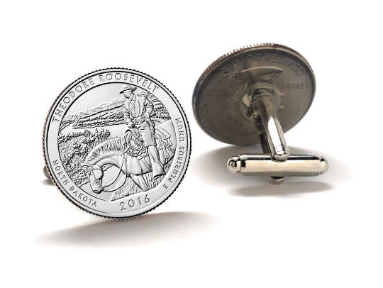 Theodore Roosevelt National Park Coin Cufflinks Uncirculated U.S. Quarter 2016 Cuff Links Enamel Backing Cufflinks
