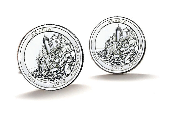 Acadia National Park Coin Cufflinks Uncirculated U.S. Quarter 2012 Cuff Links Enamel Backing Cufflinks