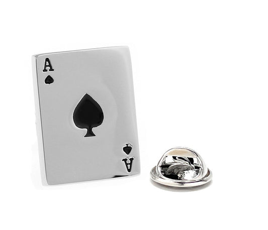 Silver ace of spades card-shaped lapel pin with ring on a white background