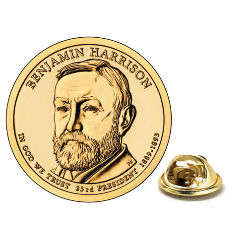 A gold-colored enamel pin depicting a portrait of Benjamin Harrison, the 9th President of the United States, with the inscription 'IN GOD WE TRUST' and '24th PRESIDENT OF THE UNITED STATES OF AMERICA 1841-1845'. The pin is accompanied by a gold-colored butterfly clasp.