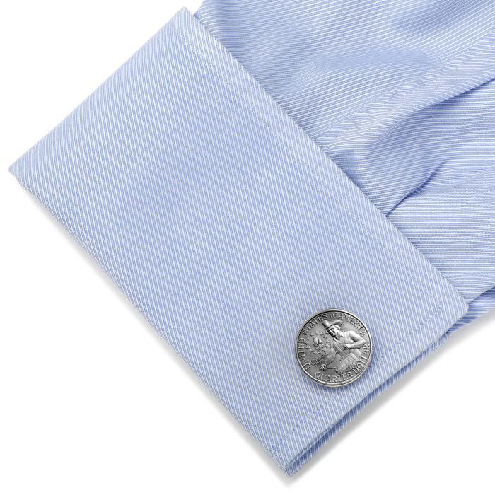 drummer boy Bicentennial Quarter Cufflinks light blue shirt