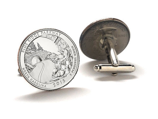 Blue Ridge Parkway Coin Cufflinks Uncirculated U.S. Quarter 2015 Cuff Links Enamel Backing Cufflinks