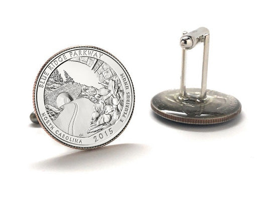 Blue Ridge Parkway Coin Cufflinks Uncirculated U.S. Quarter 2015 Cuff Links Enamel Backing Cufflinks