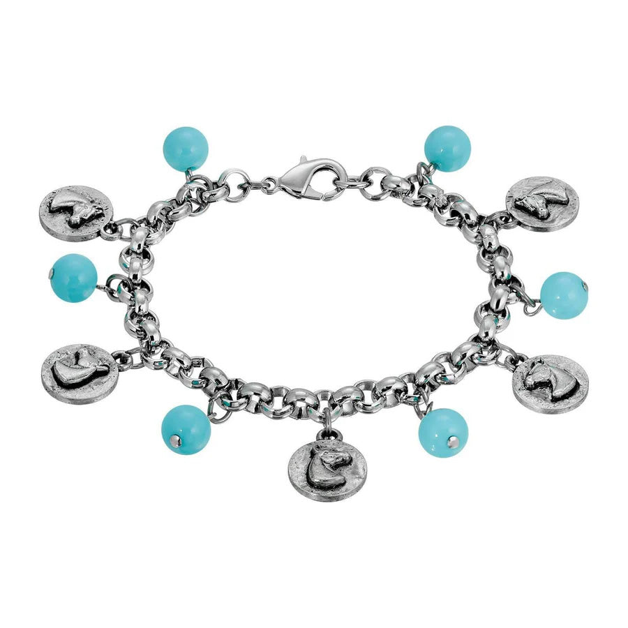 A silver-colored women's bracelet featuring multiple turquoise beads and horse head charms, with a lobster clasp closure.