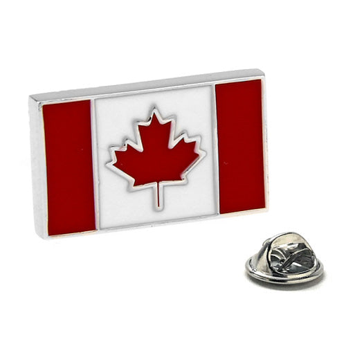 A red and white enamel pin shaped like the Canadian flag, with a silver rhodium plated base metal and a butterfly back.
