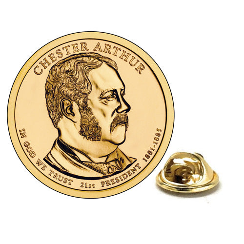 A gold-colored enamel pin depicting a portrait of Chester Arthur, with a butterfly clasp back, next to a coin featuring the same portrait.