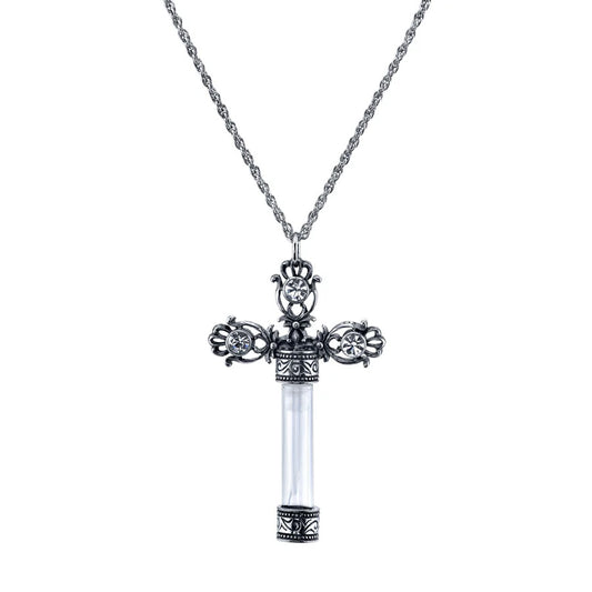 Women's Necklaces Jewelry Antiqued Ornate Cross Clear Crystal Glass Vial Necklace 30"