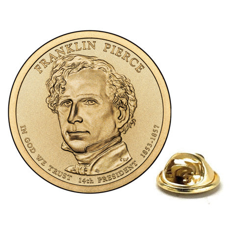 A gold-colored enamel pin depicting Franklin Pierce, the 14th U.S. President, with a butterfly clasp backing.