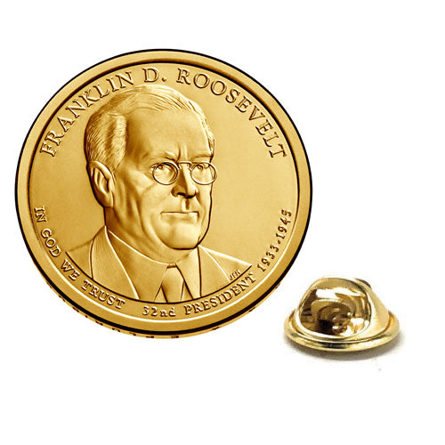 Franklin D. Roosevelt Presidential Dollar Lapel Pin – Uncirculated Gold Dollar Coin with Enamel Backing