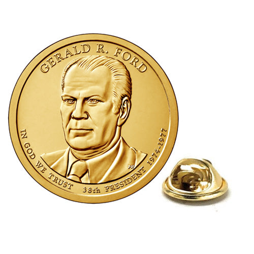 A gold-colored, rhodium-plated lapel pin featuring an engraved portrait of Gerald R. Ford, with a butterfly clasp back.
