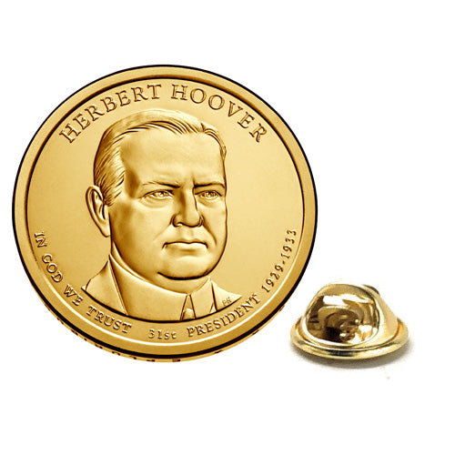 A gold-colored enamel pin depicting the portrait of Herbert Hoover, with a rhodium-plated gold butterfly clasp backing.