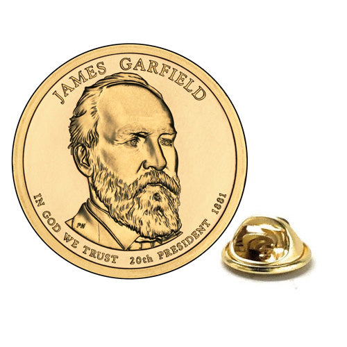 A gold-colored, enamel pin shaped like a dollar coin featuring an engraved portrait of James Garfield, with a butterfly clasp.