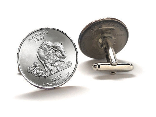 Kansas State Quarter Coin Cufflinks Uncirculated U.S. Quarter 2005 Cuff Links Enamel Backing Cufflinks