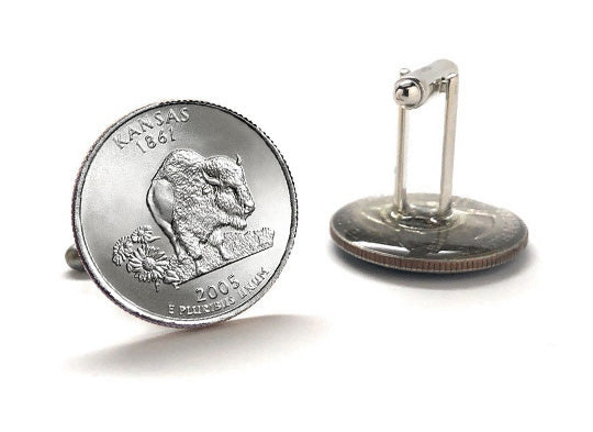 Kansas State Quarter Coin Cufflinks Uncirculated U.S. Quarter 2005 Cuff Links Enamel Backing Cufflinks