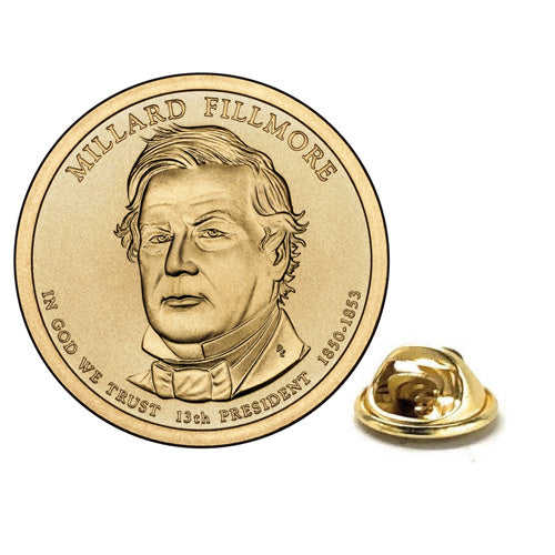 A gold-colored enamel pin depicting the likeness of Millard Fillmore, 13th U.S. President, with a circular border design.