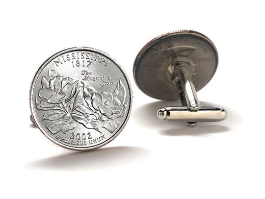 Mississippi State Quarter Coin Cufflinks Uncirculated U.S. Quarter 2002 Cuff Links Enamel Backing Cufflinks