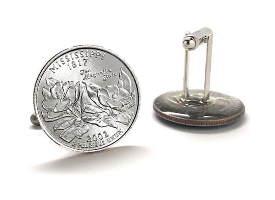 Mississippi State Quarter Coin Cufflinks Uncirculated U.S. Quarter 2002 Cuff Links Enamel Backing Cufflinks
