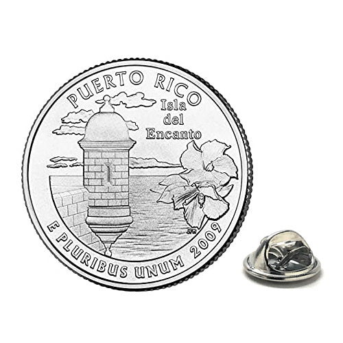A silver-colored pin shaped like a quarter coin with an illustration of a building and a butterfly clasp backing, labeled with 'Puerto Rico' and the year 2009.