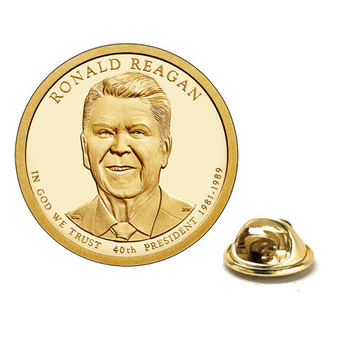 Ronald Reagan Presidential Dollar Lapel Pin, Uncirculated One Gold Dollar Coin Enamel Pin