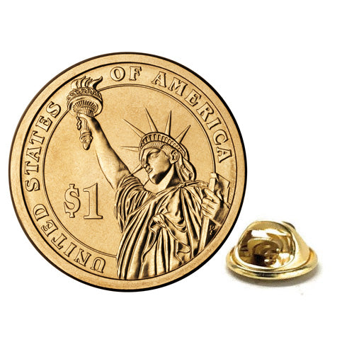 A gold-colored enamel pin featuring the Statue of Liberty design, with a '1' dollar coin background.