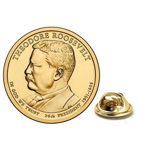 A gold-colored, Theodore Roosevelt Presidential Dollar coin enamel pin with a butterfly clasp backing.
