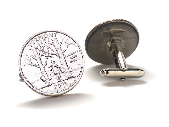Vermont State Quarter Coin Cufflinks Uncirculated U.S. Quarter 2001 Cuff Links Enamel Backing Cufflinks